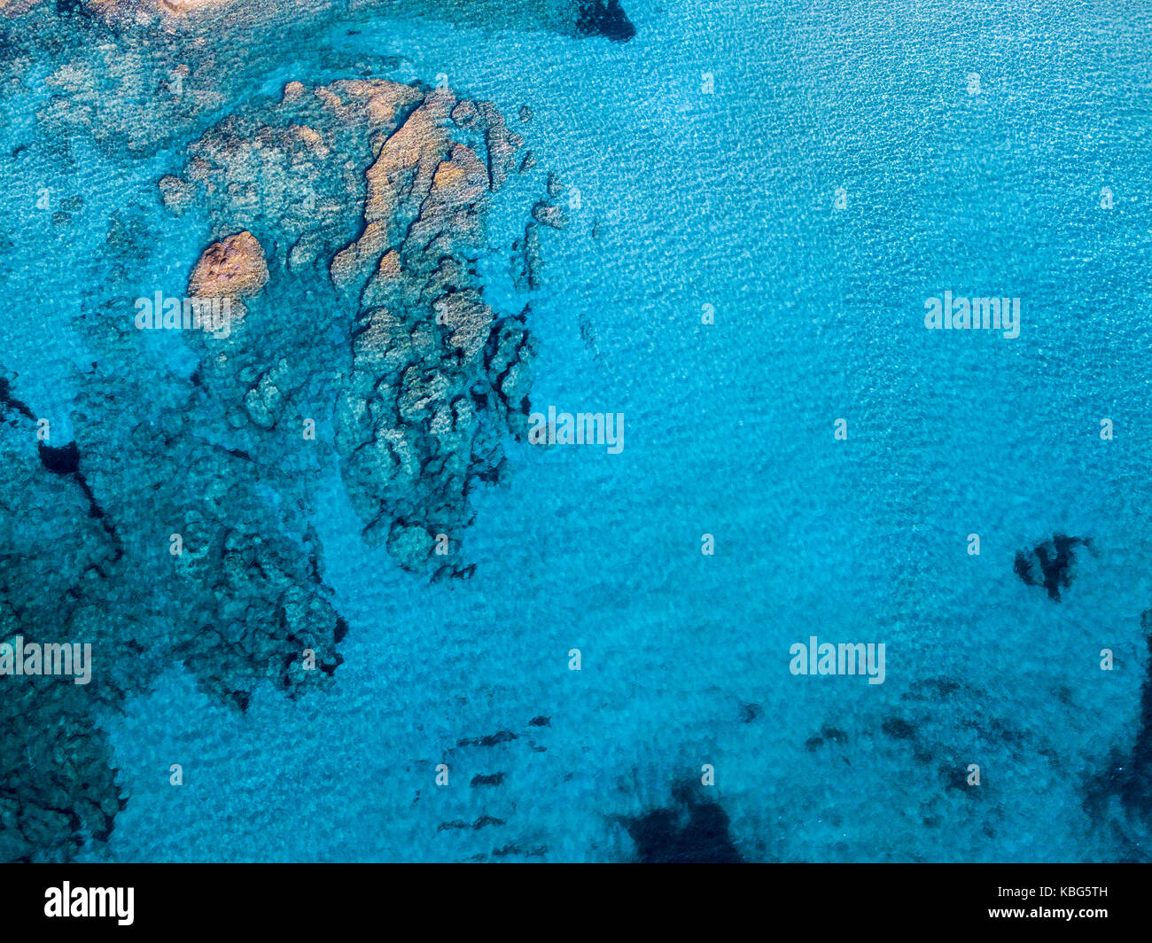 Aerial view of rocks on the sea. Overview of seabed seen from above, transparent water. Seaweed designed by algae Stock Photo