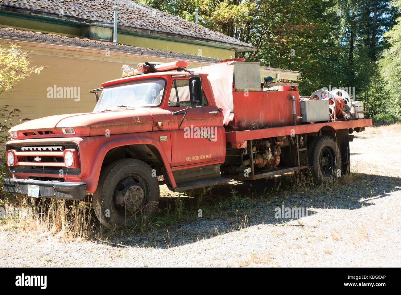 Rockport Fire Truck-An old fire truck is still in service for the tiny village of Rockport on State Route 20, the North Cascades Highway. Stock Photo