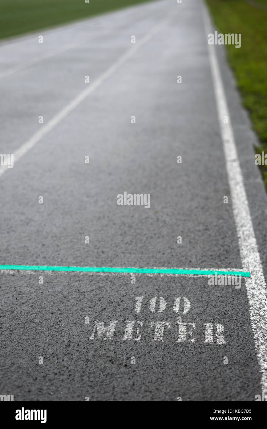 Starting line of a 100 meter dash. Stock Photo