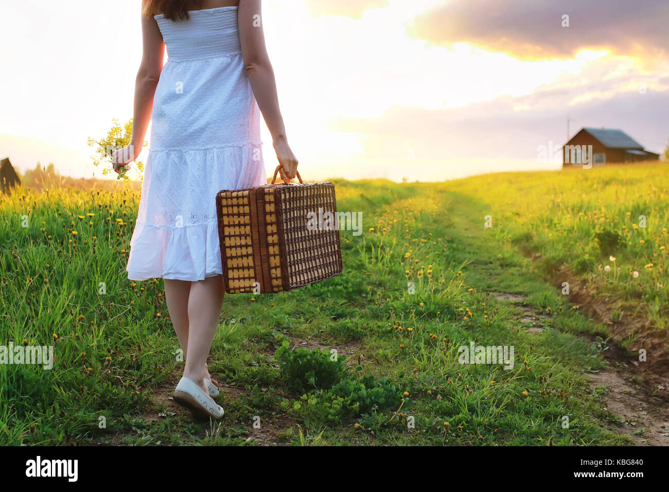 girl at sunset field Stock Photo - Alamy