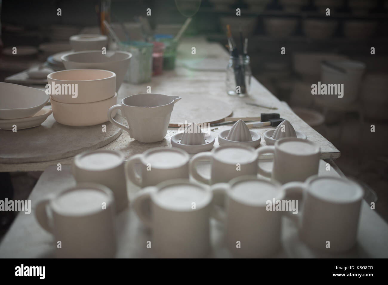 Various pottery equipment on worktop Stock Photo Alamy