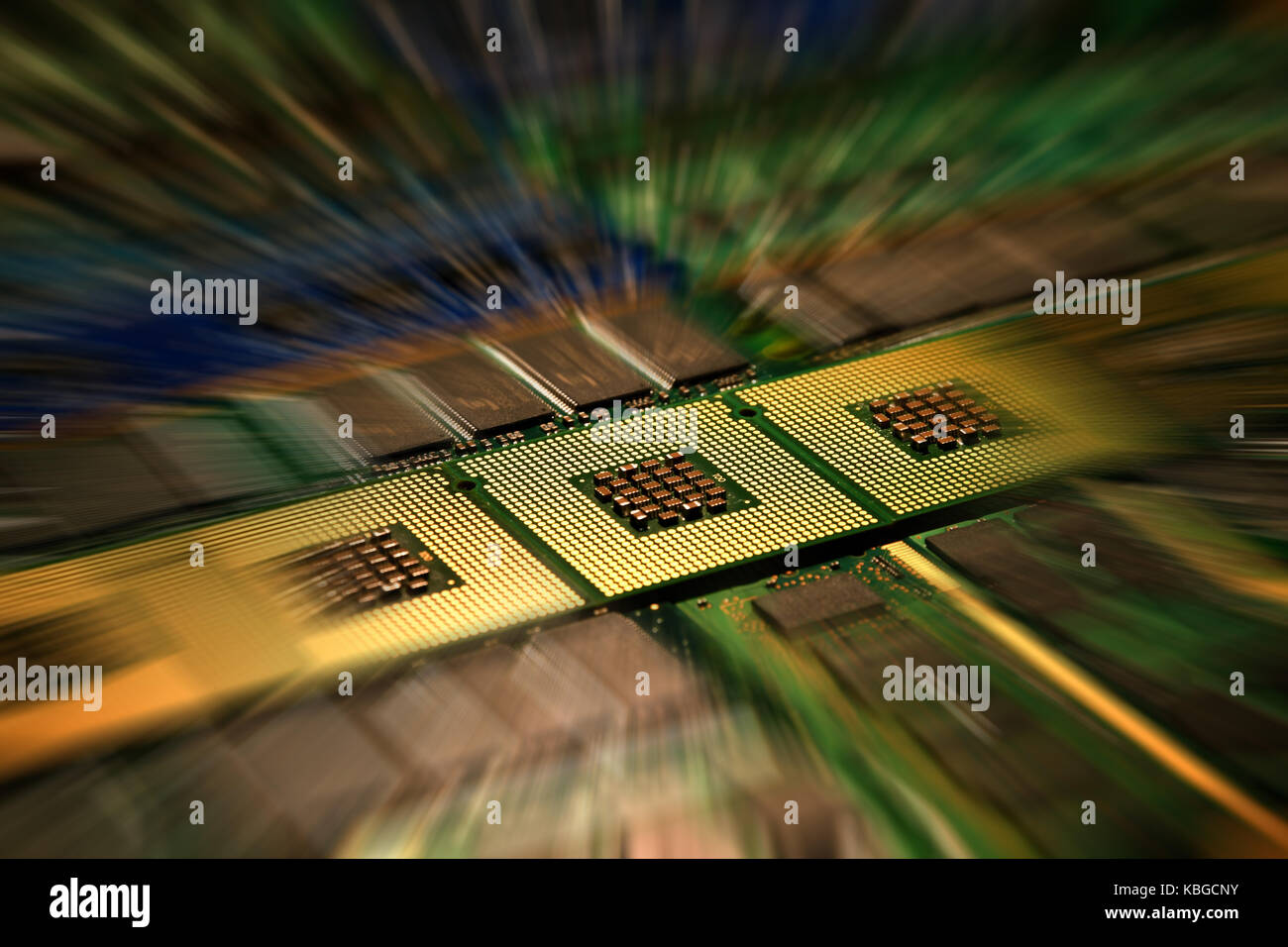CPU Computer Processors and Memory Modules Aligned with lighting effects postproduction, background. Stock Photo