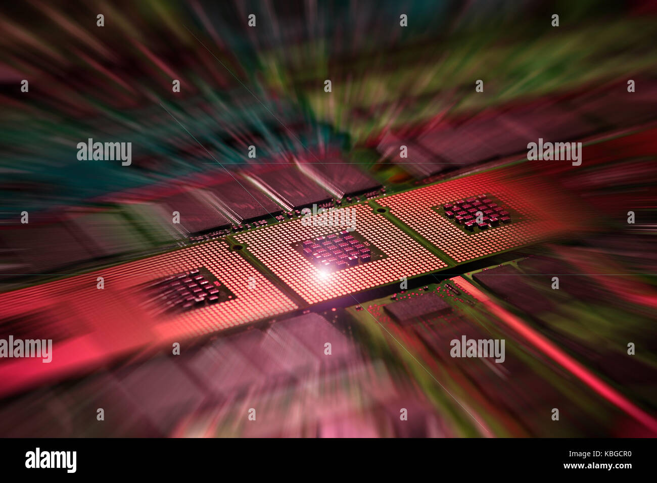 CPU Computer Processors and Memory Modules Aligned with lighting effects postproduction, background. Stock Photo