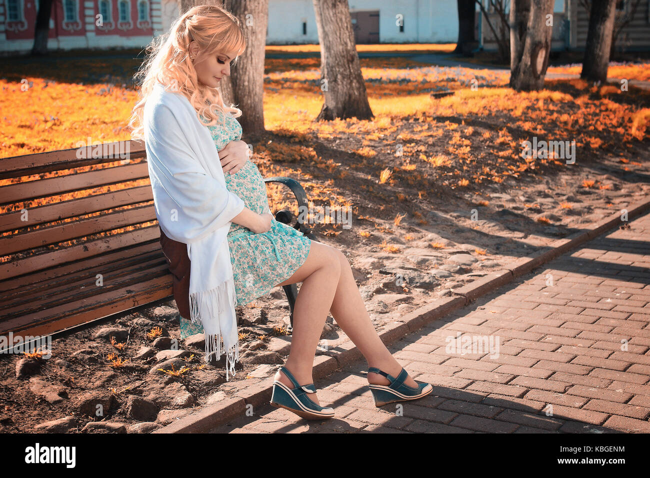 pregnant woman on the walk city park in autumn day Stock Photo - Alamy