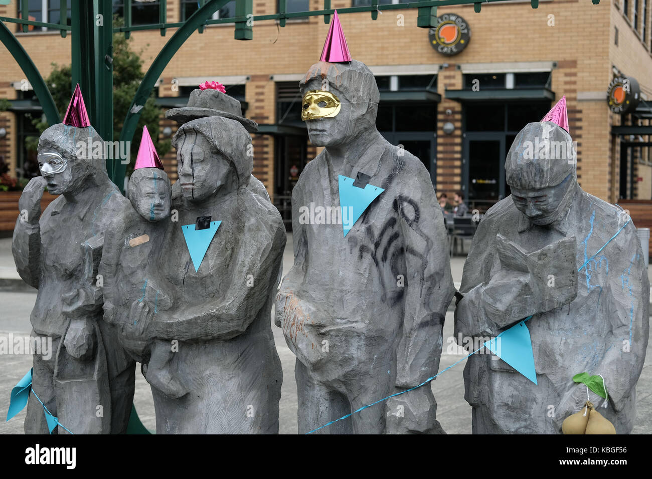 The sculpture 'Waiting for the Interurban' in the Fremont area of Seattle, Washington, USA. Stock Photo