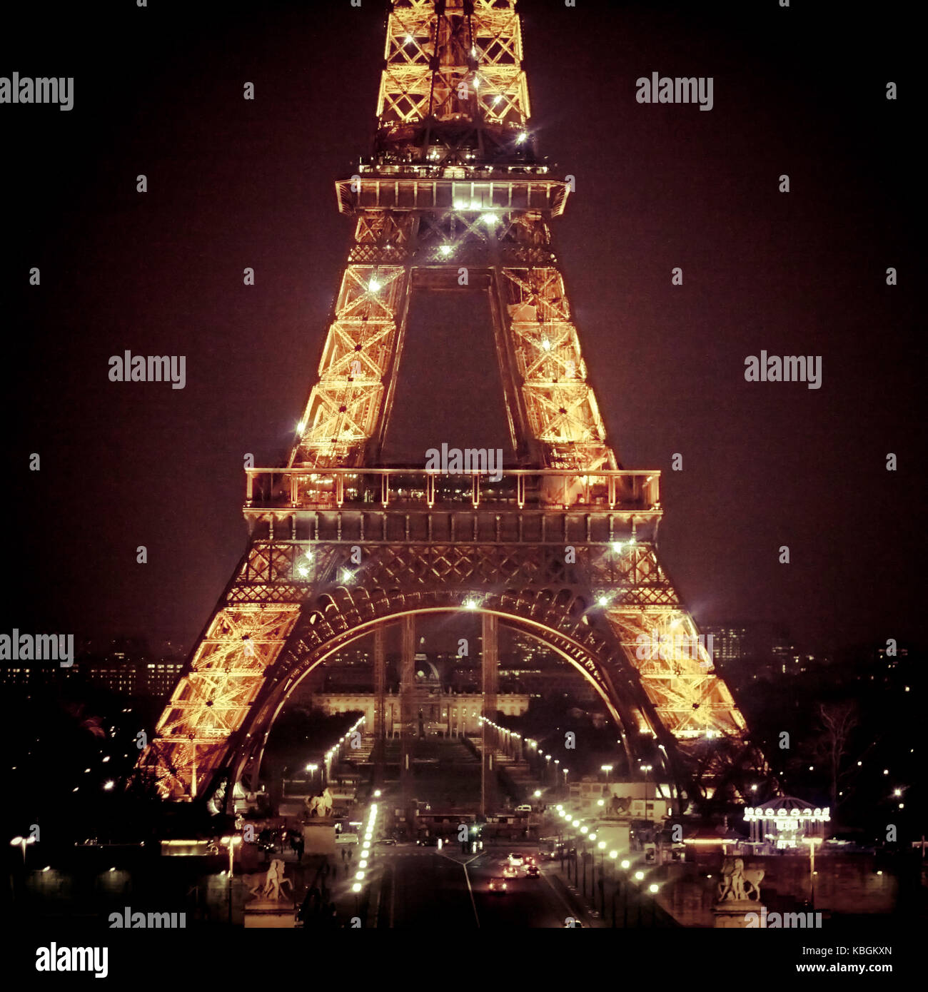 Eiffel Tower in Paris at night with lights Stock Photo