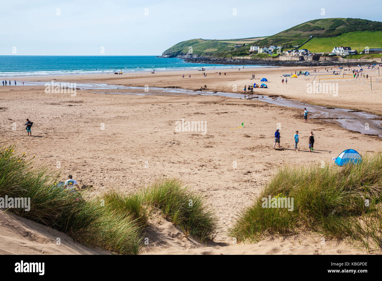 The sandy beach at Croyde in Devon during the summer holiday season. Stock Photo