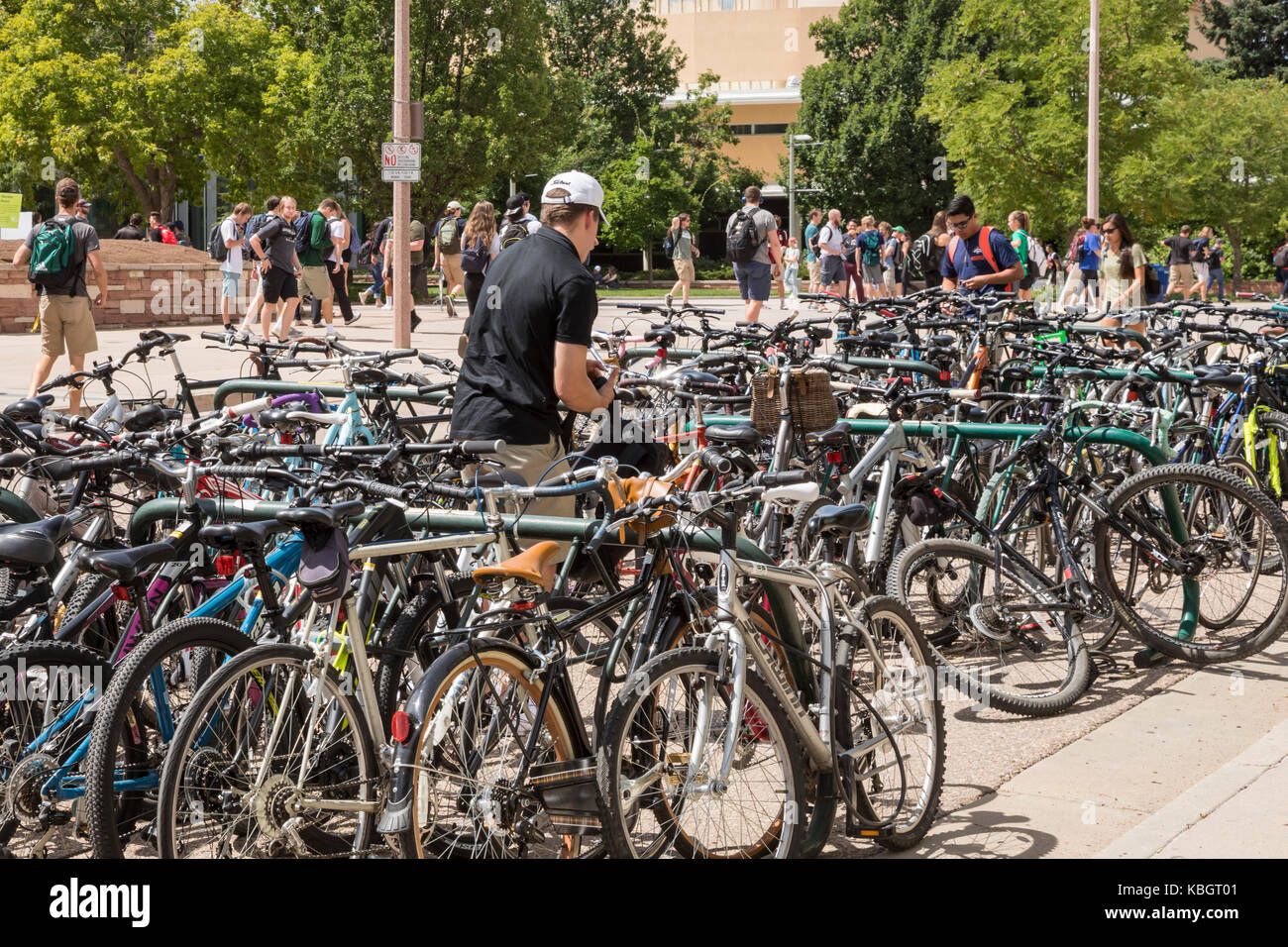 Fort Collins, Colorado - Bicycles parked on the campus of Colorado State University. Bicycles are an extremely popular form of transportation on campu Stock Photo