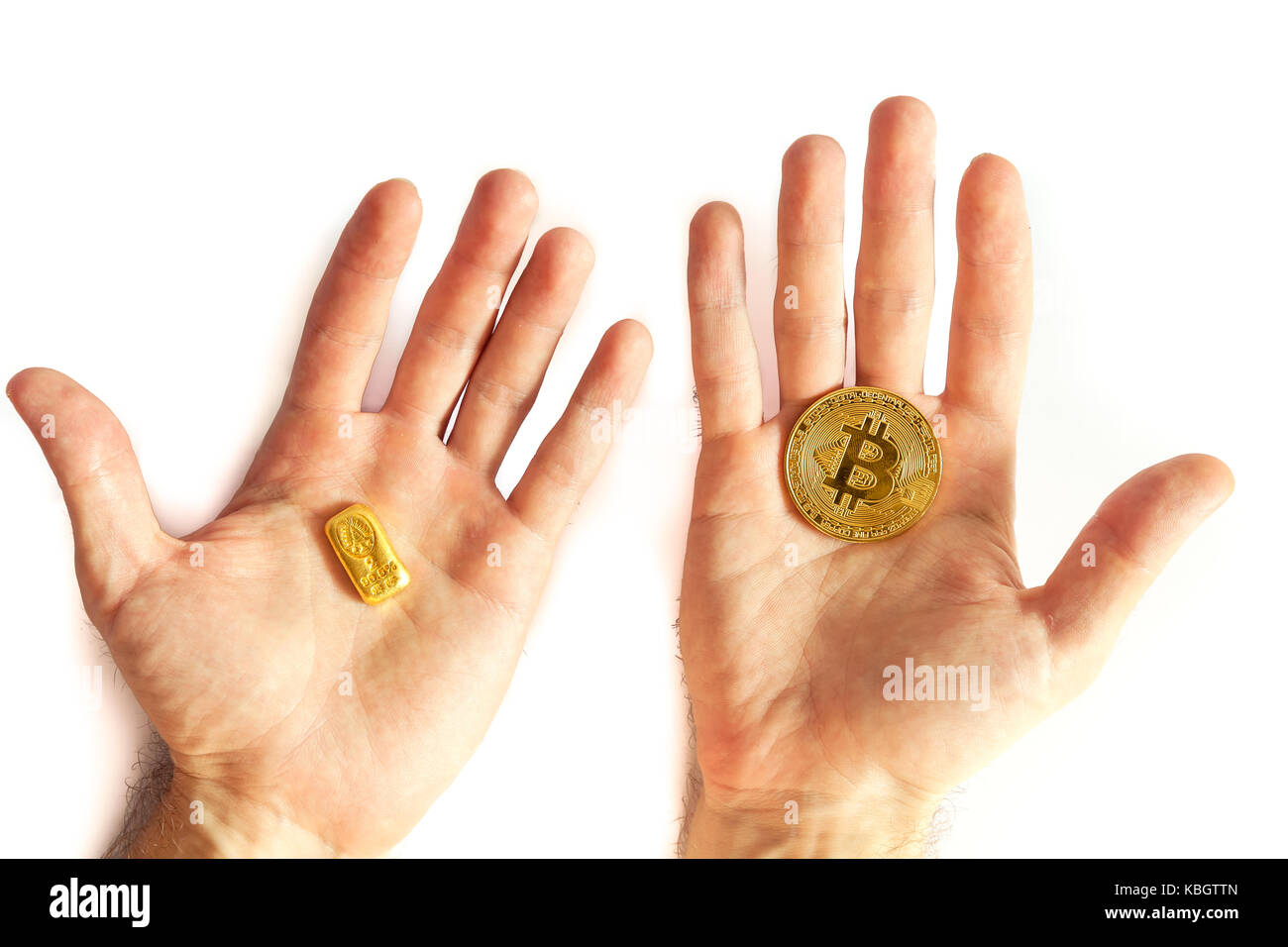 people hold hand BTC gold bitcoin on white background, blockchain and  investment in new cryptocurrency concept Stock Photo - Alamy