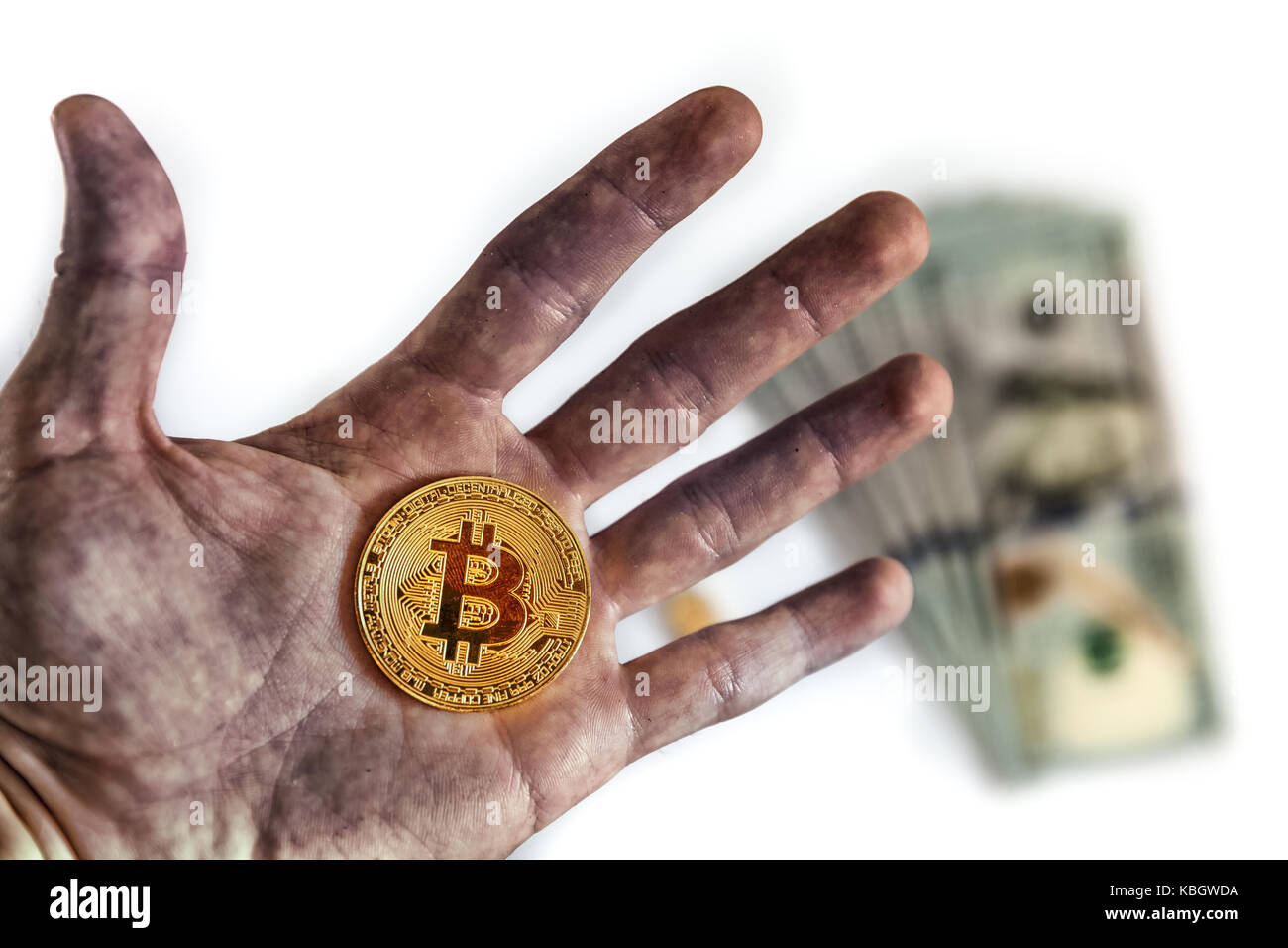 BTC bitcoin blockchain coin on background us dollars USA Stock Photo
