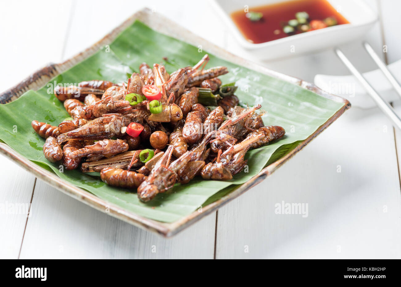 Fried grasshoppers and fried worm or fried silkworms, edible insect eating and local food in Thailand Stock Photo