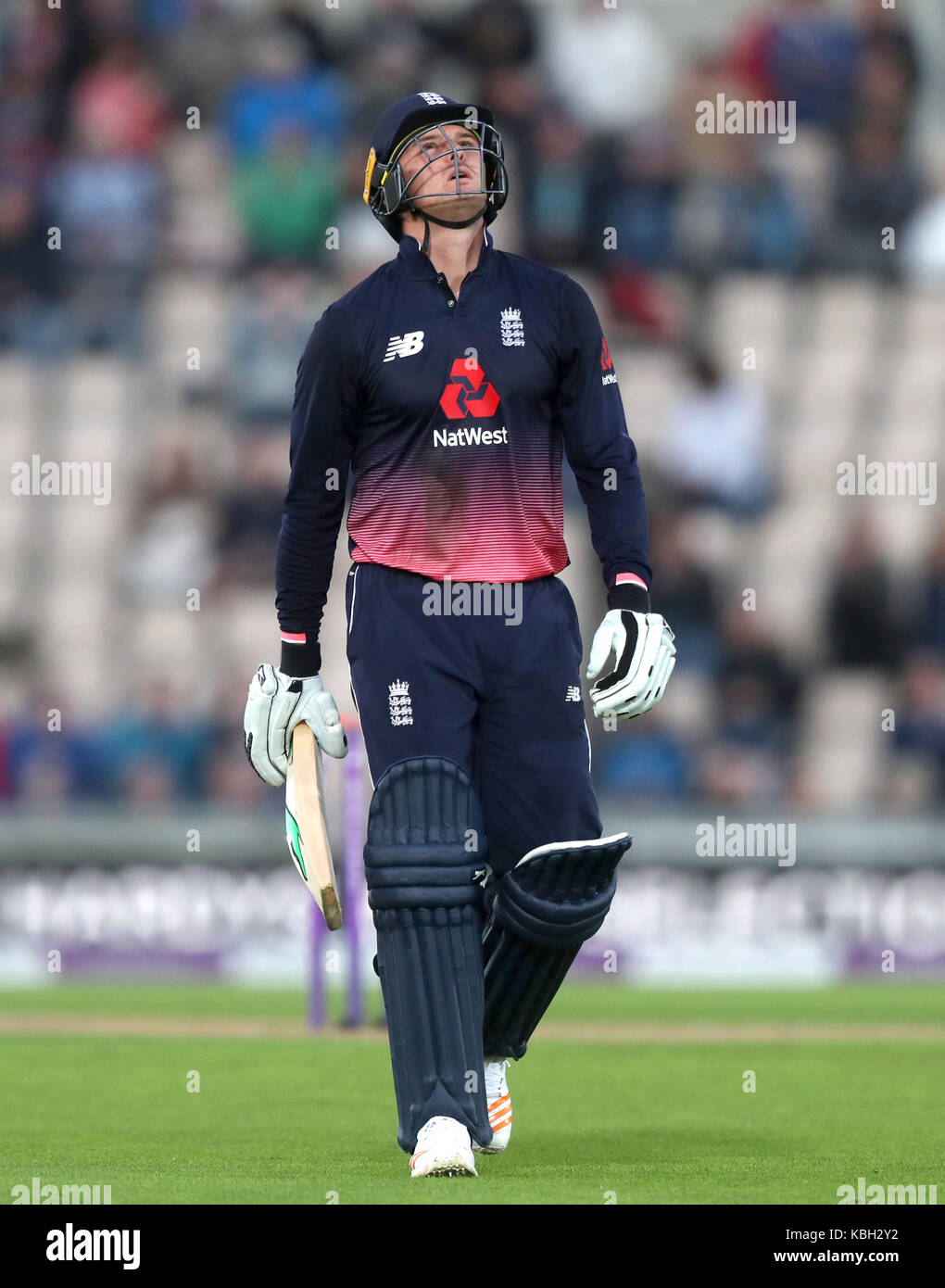 England's Jason Roy walks off after being dismissed during the fifth Royal London One Day International at the Ageas Bowl, Southampton. Stock Photo