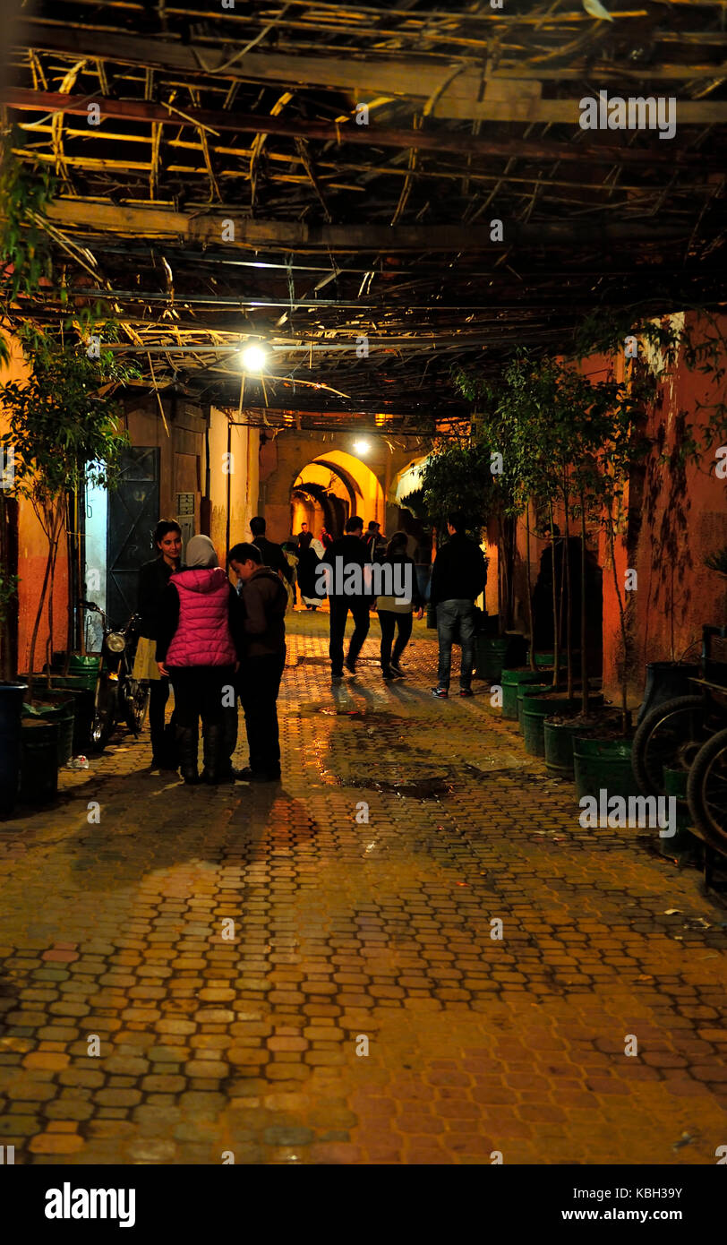 Night in side street of Place Jema el-Fna square Souks at night, Marrakech, Morocco Stock Photo