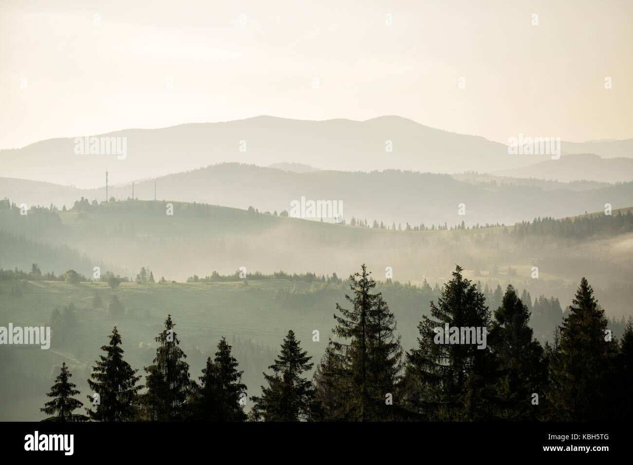 view of a valley in a beautiful early morning with fog between ...