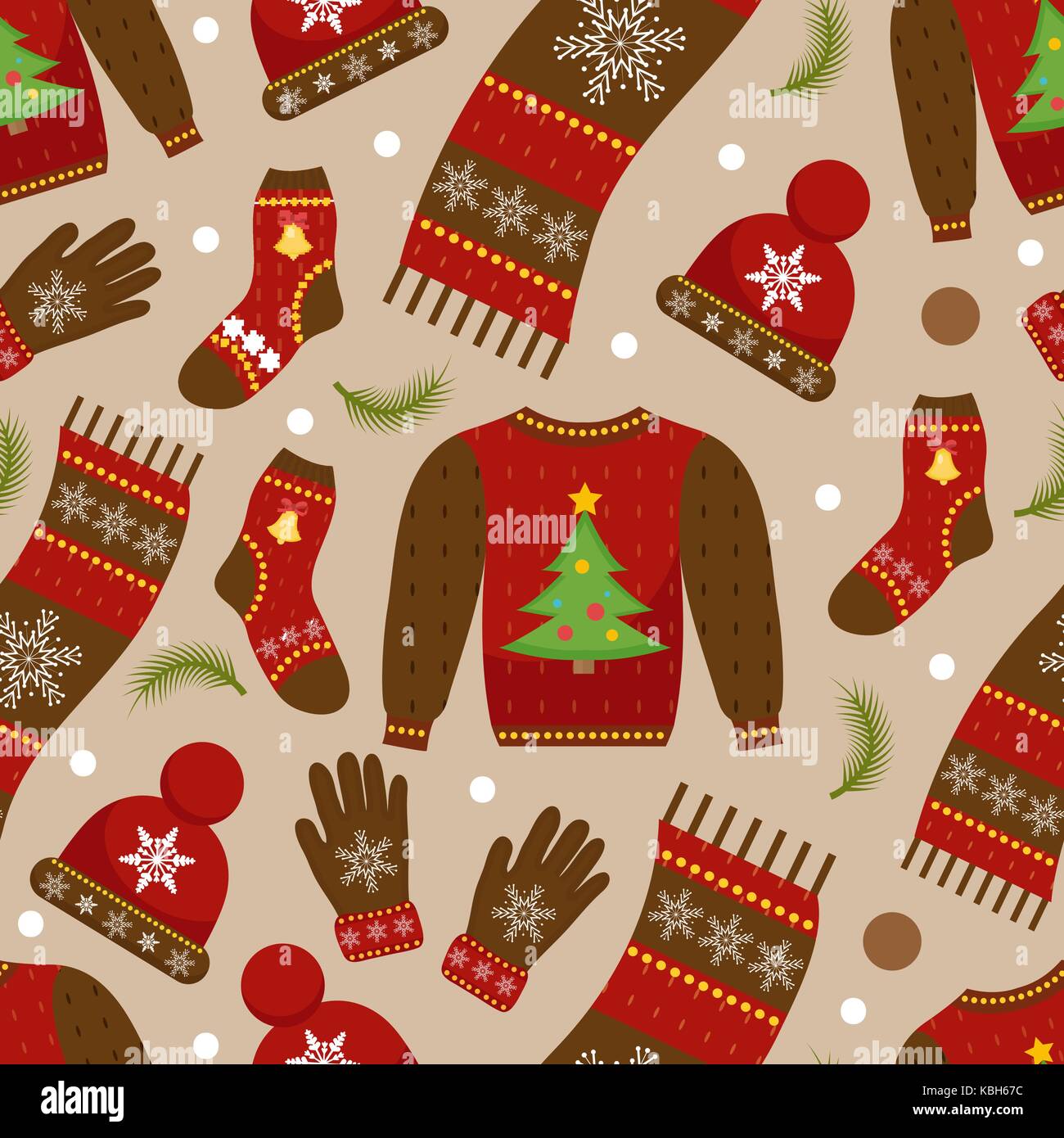 Winter apparel seamless pattern. Christmas clothes repeating texture. Warm clothing Infinite background. Sweater, gloves, hat, socks. Vector illustration. Stock Vector