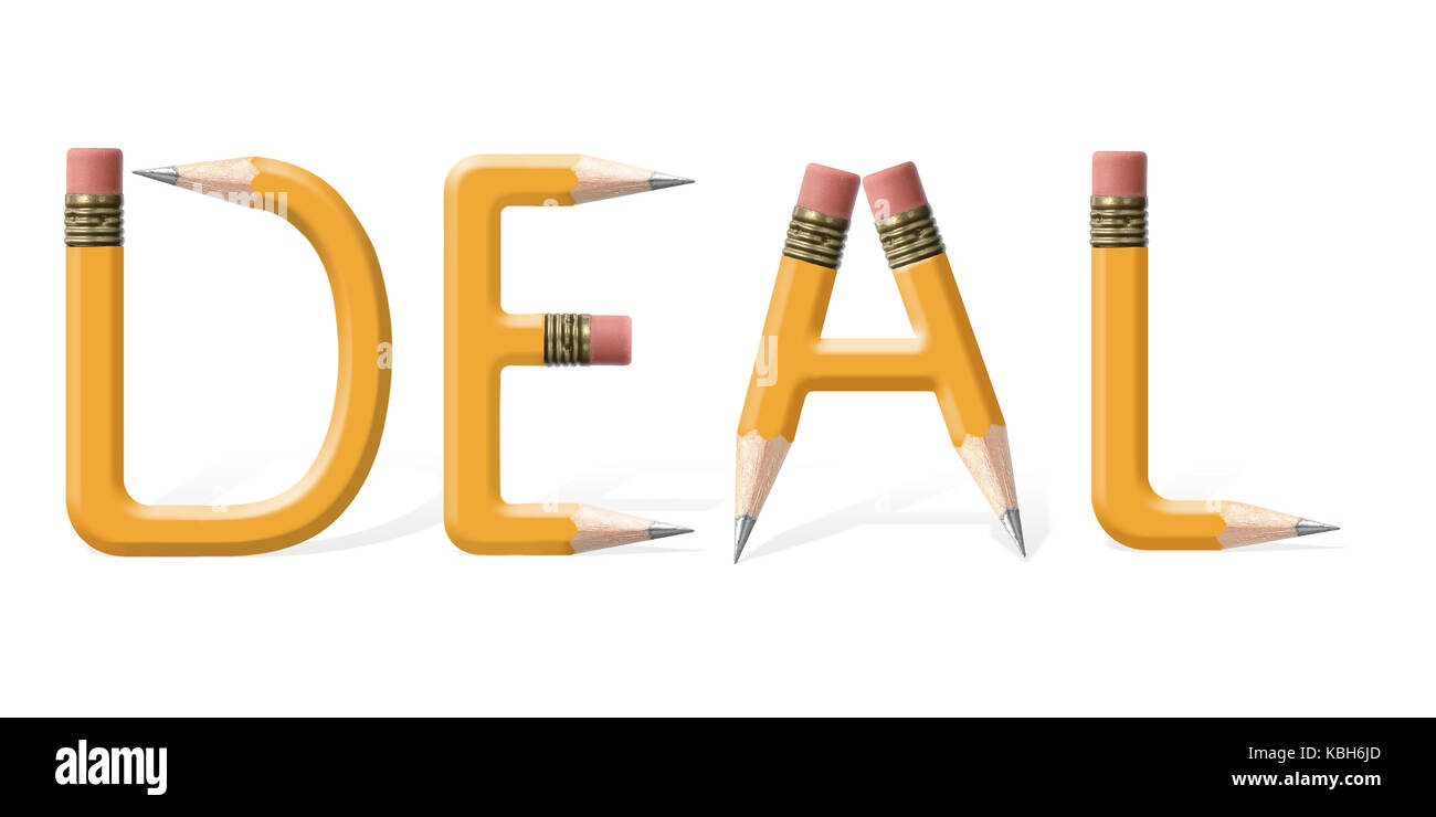 Yellow wooden pencils formed to spell Deal word over white background Stock Photo