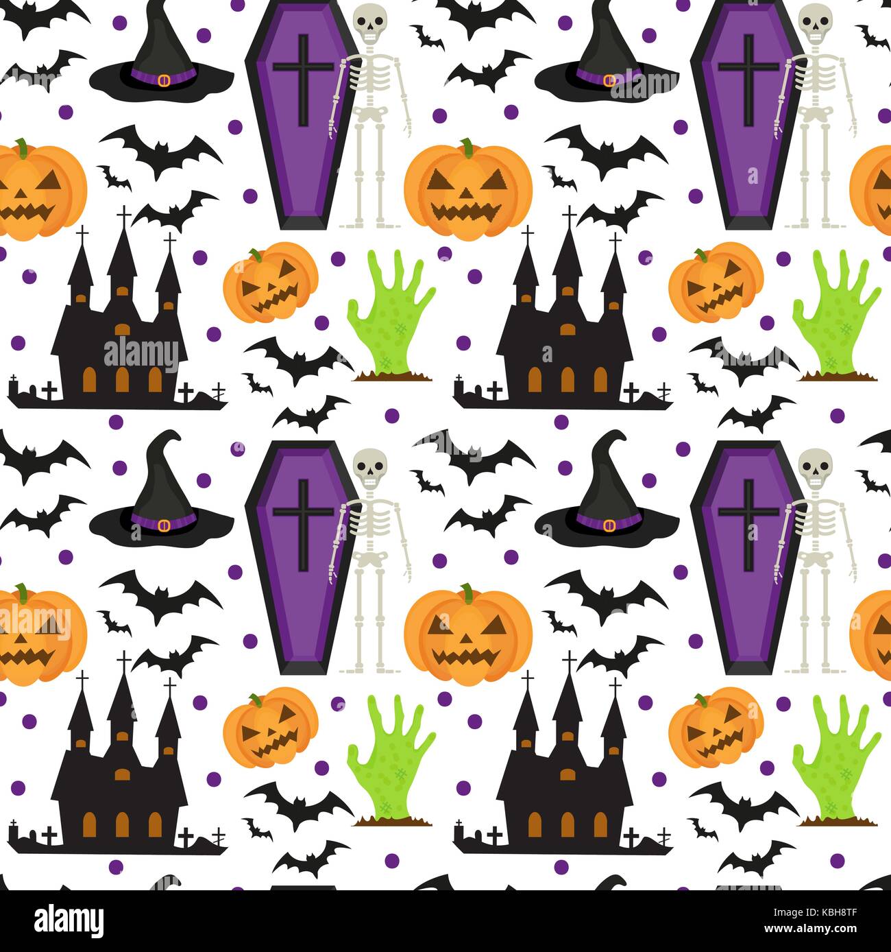 Halloween seamless pattern. Scary repeating texture with coffin, castle, pumpkin. Endless background. Vector illustration. Stock Vector