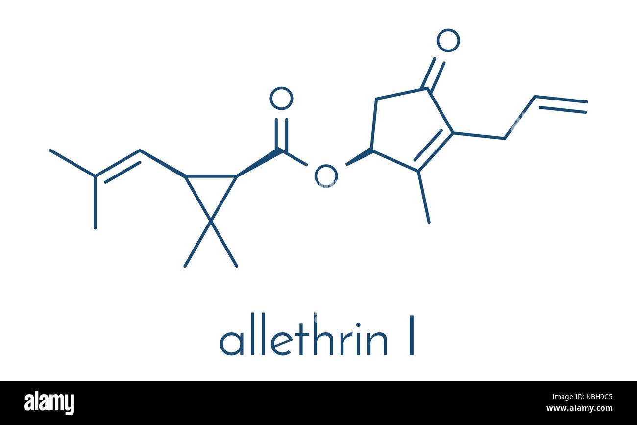 Allethrin pyrethroid insecticide. Synthetic analog of chrysanthemum flower chemical. Often used against mosquitos. Skeletal formula. Stock Vector