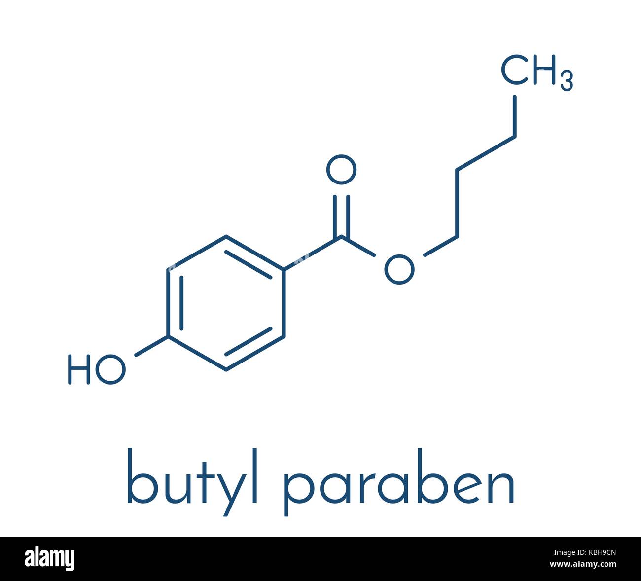 Butyl paraben (butylparaben, butyl 4-hydroxybenzoate) preservative molecule. Skeletal formula. Stock Vector