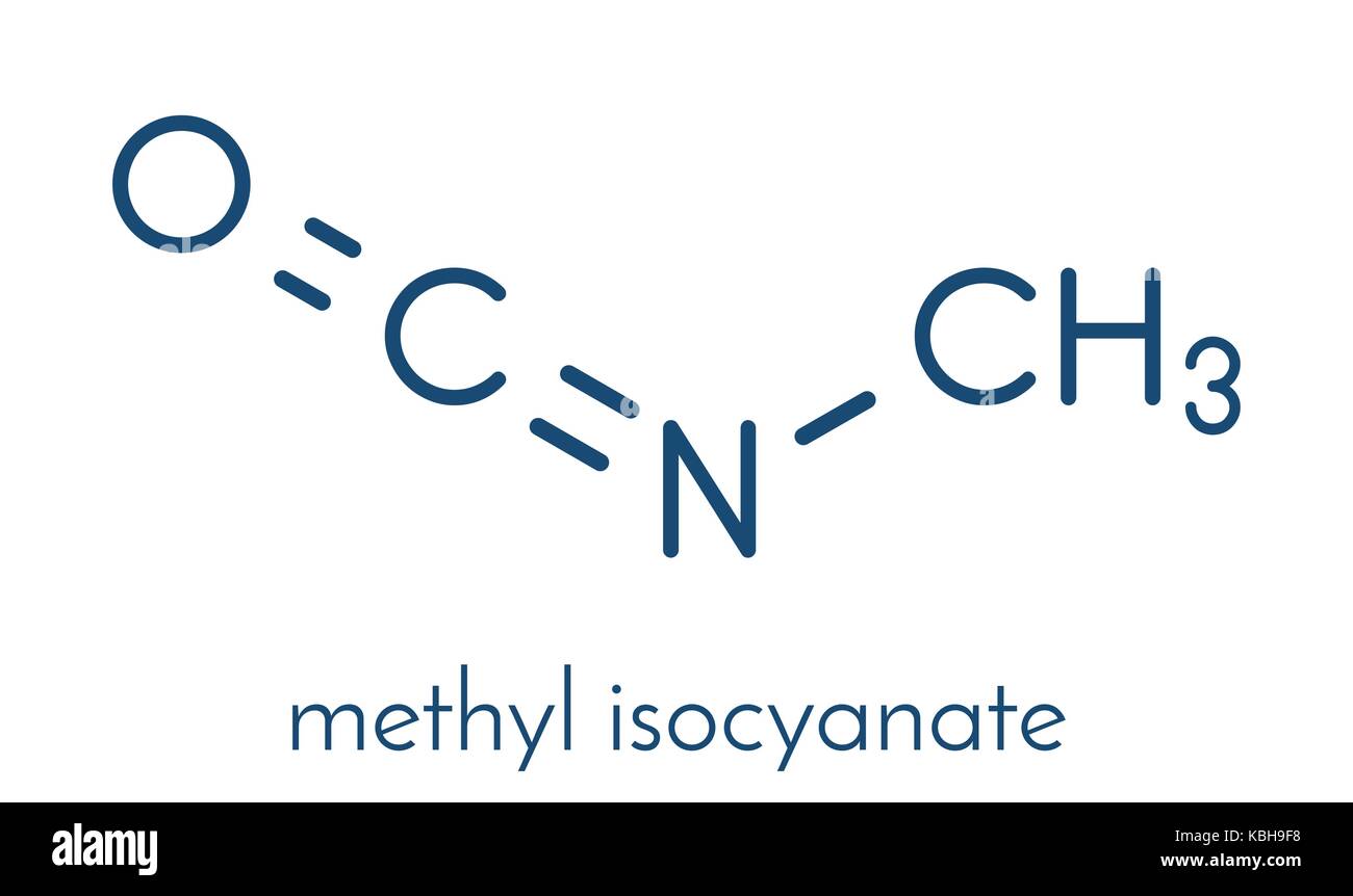 Methyl isocyanate (MIC) toxic molecule. Important chemical that was responsible for thousands of deaths in the Bhopal disaster. Skeletal formula. Stock Vector