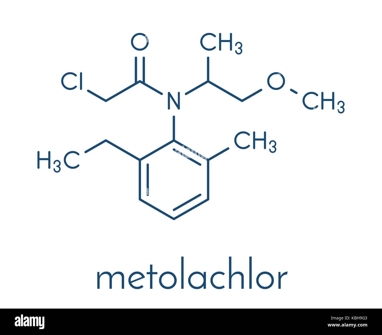 Metolachlor herbicide (weed killer) molecule. Skeletal formula Stock