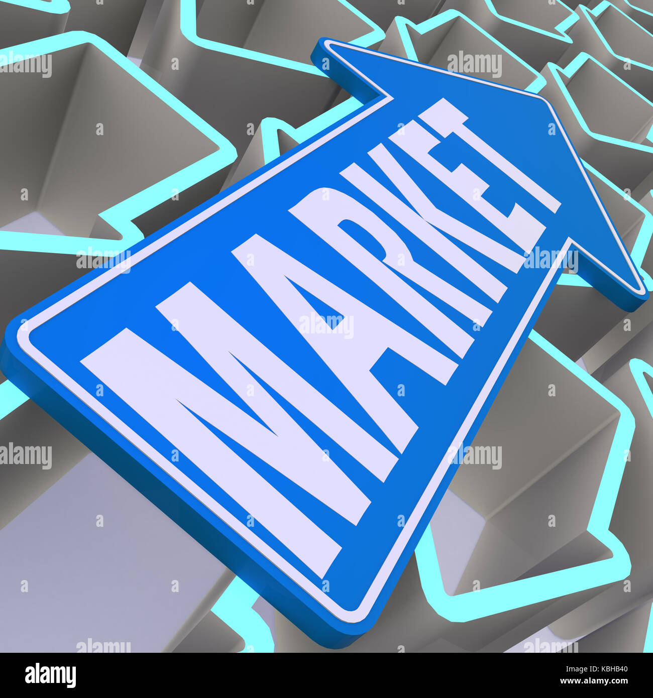 Market word on blue arrow image with hi-res rendered artwork that could be used for any graphic design. Stock Photo