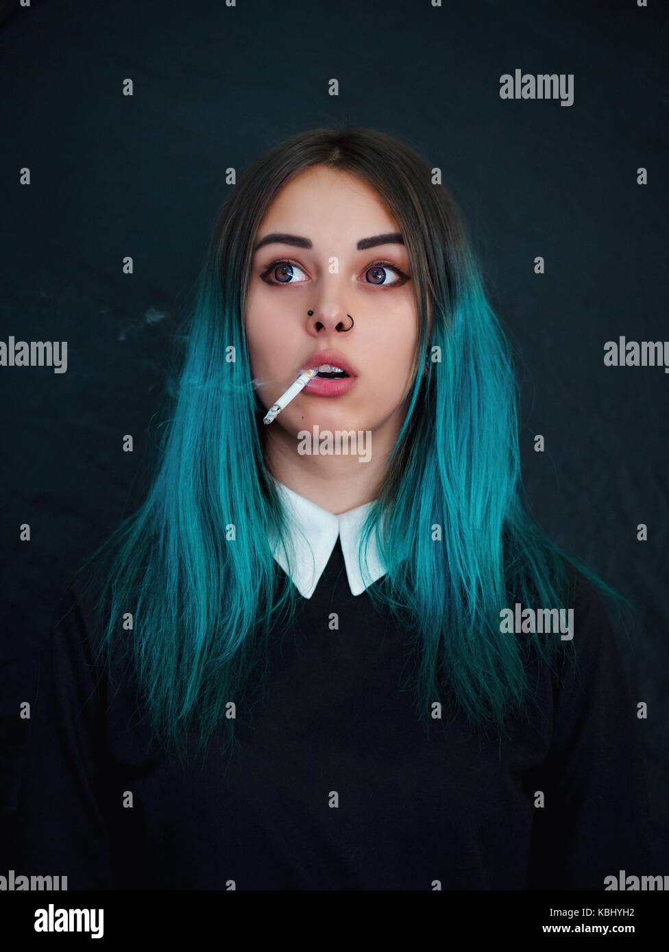 Emo Girl Smoking Cigarette Young Student Or Pupil With Blue