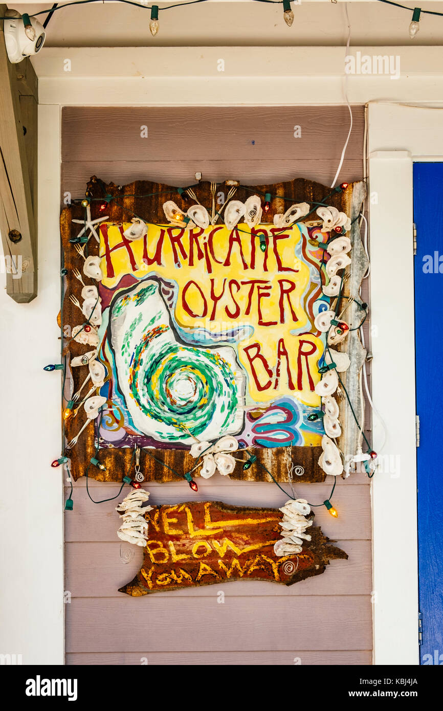Outdoor sign for the Hurricane Oyster Bar in a small shopping center, Grayton Beach Florida, USA. Stock Photo