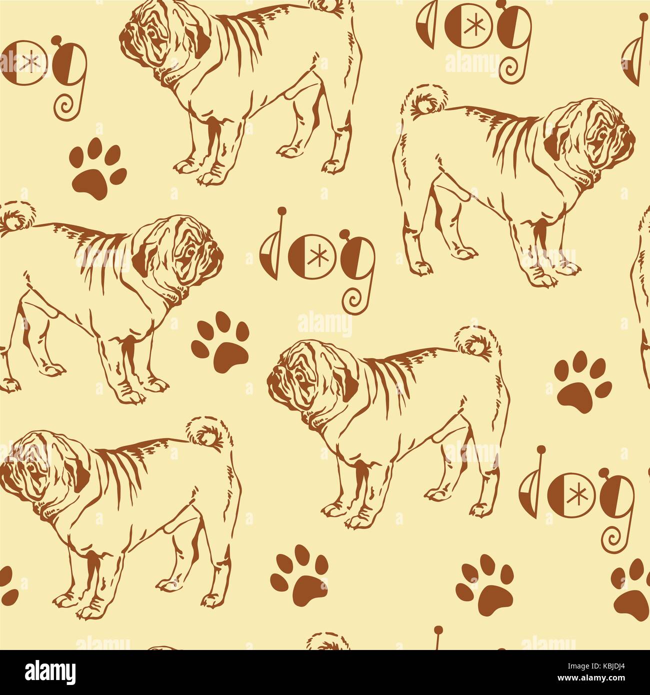 Seamless pattern with decorative contour brown dog pug on beige background Stock Vector