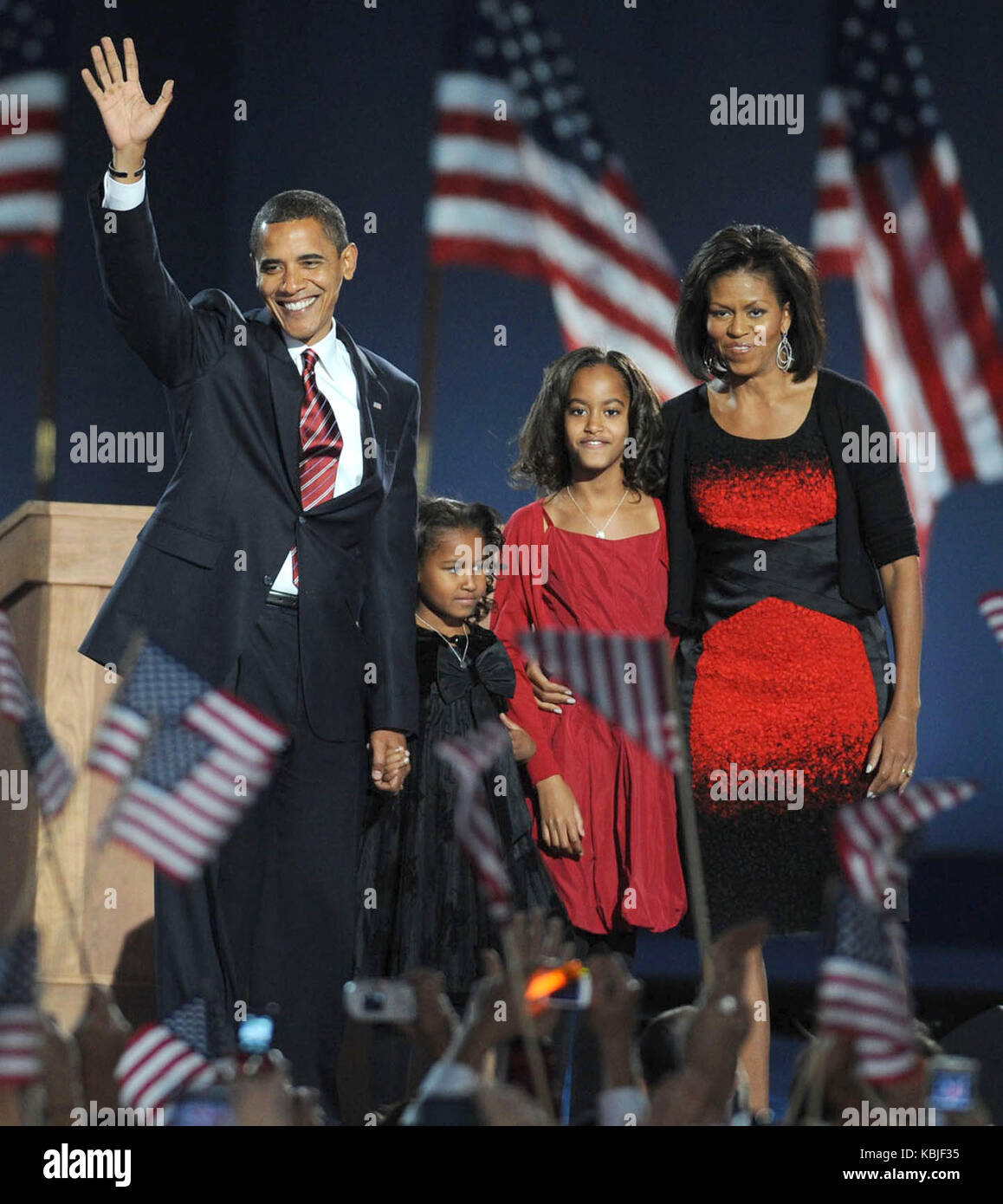 SMG NY1 Barack Obama President Elect 110408 19  CHICAGO- NOVEMBER 04;  Democratic presidential candidate Barack Obama and family stand on stage during his election night victory rally at Grant Park on November 4, 2008 in Chicago, Illinois. Americans emphatically elected Obama as their first black president in a transformational election which will reshape US politics and the US role on the world stage.    People:    Barack Obama, Michelle Obama,, and kids  Hoo-Me.com / MediaPunch Stock Photo