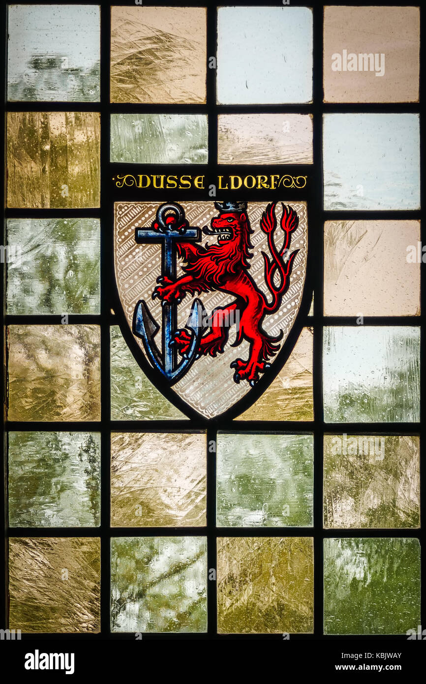 Decorative glass displaying the Coat of Arms of Düsseldorf, Schloss Burg (Burg Castle), Burg an der Wupper, Solingen, North Rhine-Westphalia, Germany Stock Photo