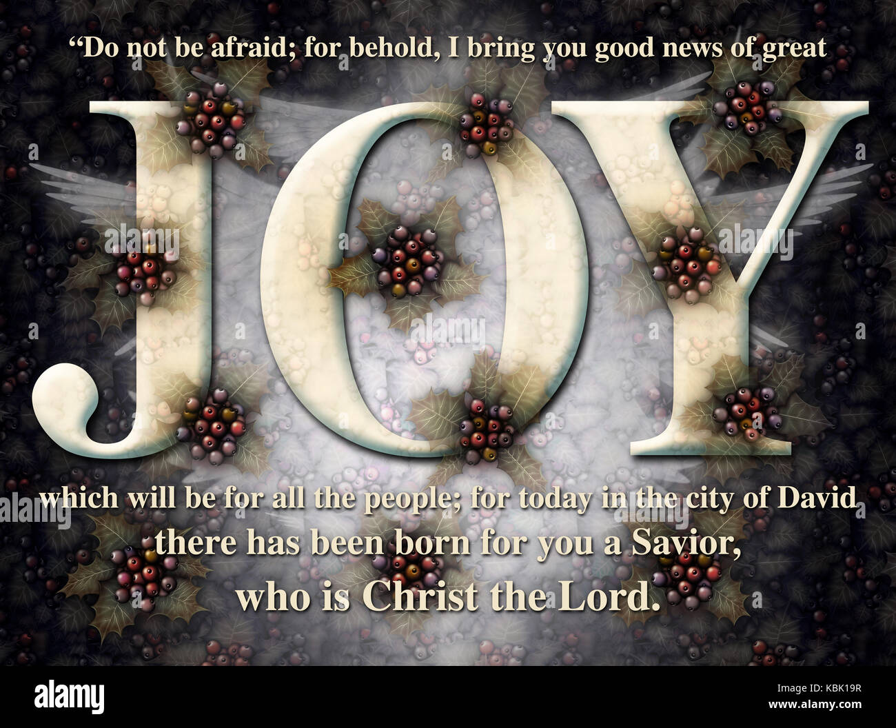 Digital illustration with the word Joy as the key feature, decorated with Holly, Angel wings, and a bible verse announcing the birth of Christ. Stock Photo