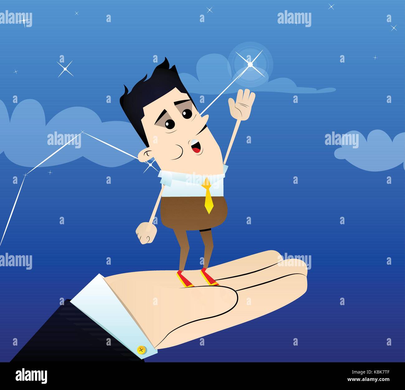 Businessman reaching for the brightest star with a helping hand.Vector
