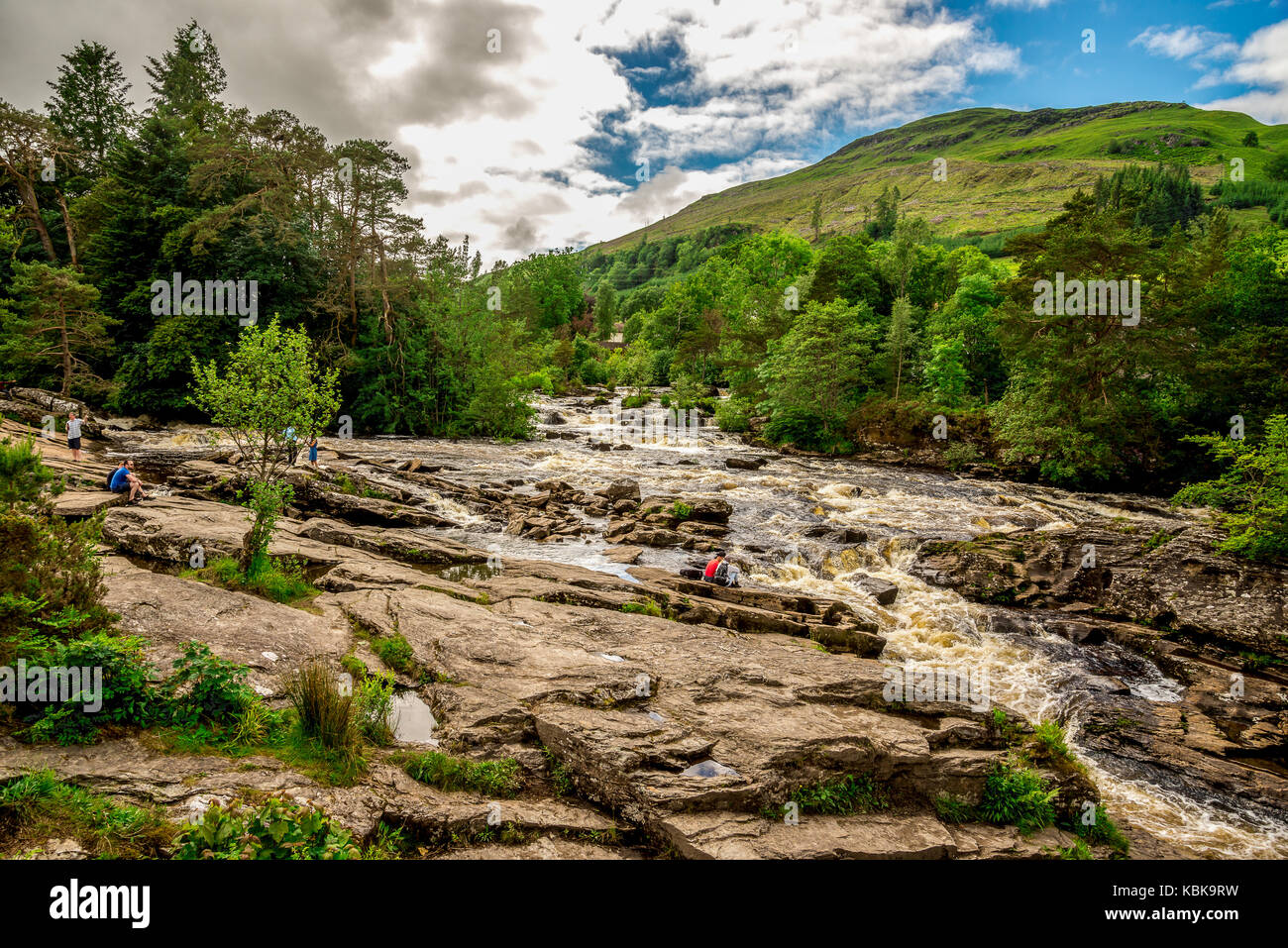 A spectacular view to Falls of Dochart from the bridge in a town of Killin, central Scotland Stock Photo