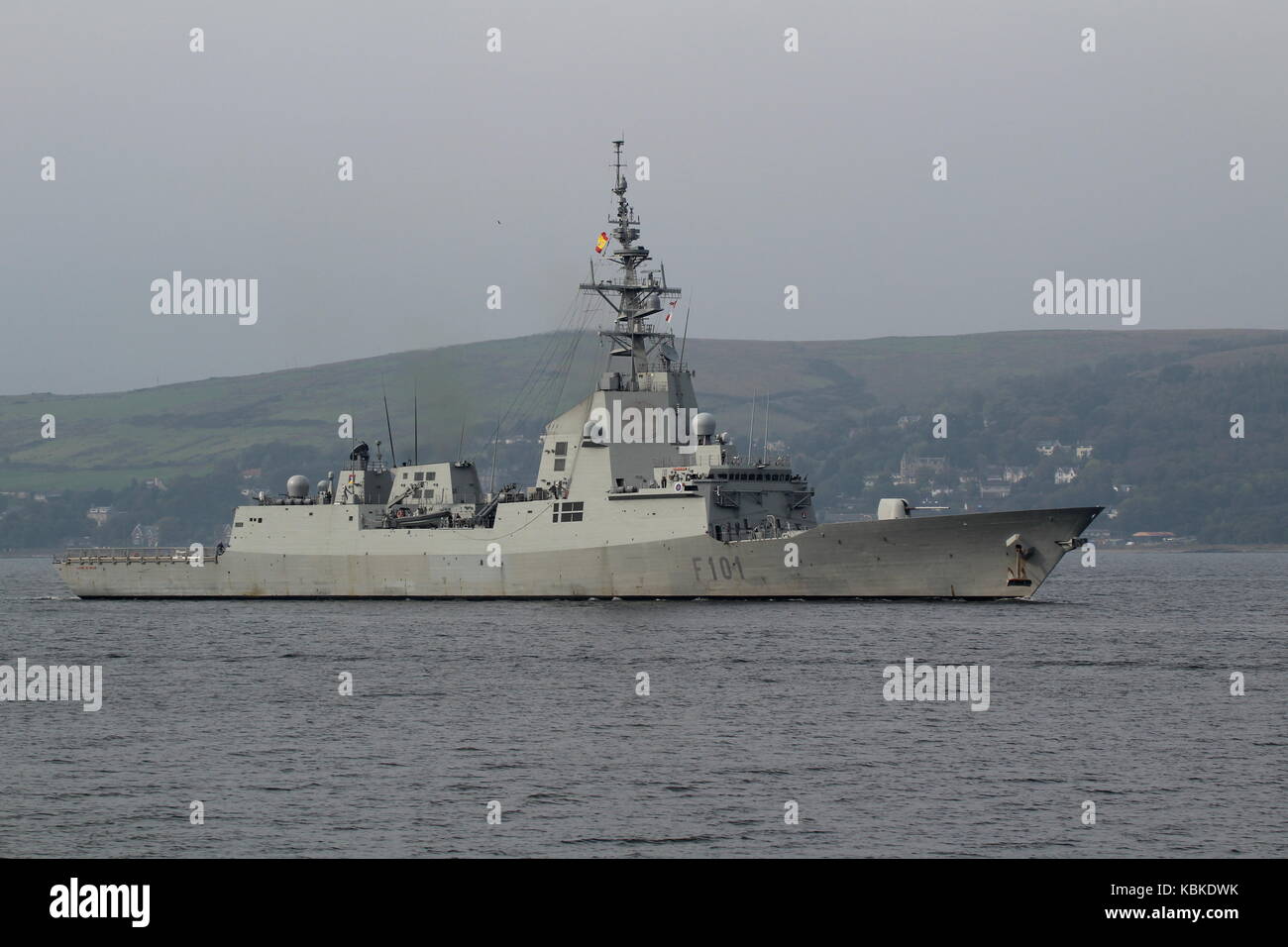 SPS Alvaro de Bazan (F101), an Alvaro de Bazan-class (or F100-class) frigate operated by the Spanish Navy, arriving for Exercise Joint Warrior 17-2. Stock Photo