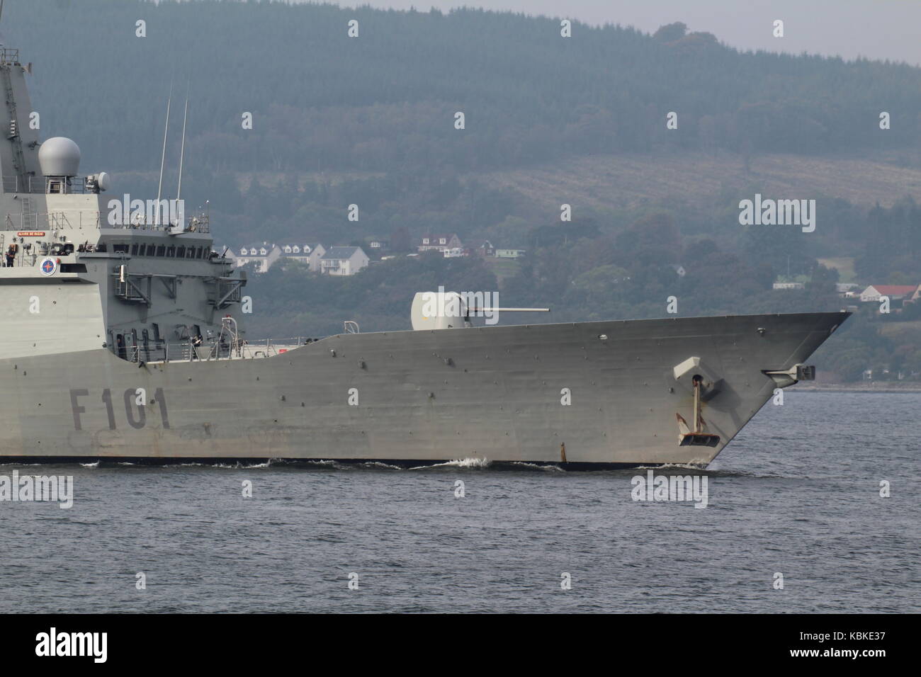 SPS Alvaro de Bazan (F101), an Alvaro de Bazan-class (or F100-class) frigate operated by the Spanish Navy, arriving for Exercise Joint Warrior 17-2. Stock Photo