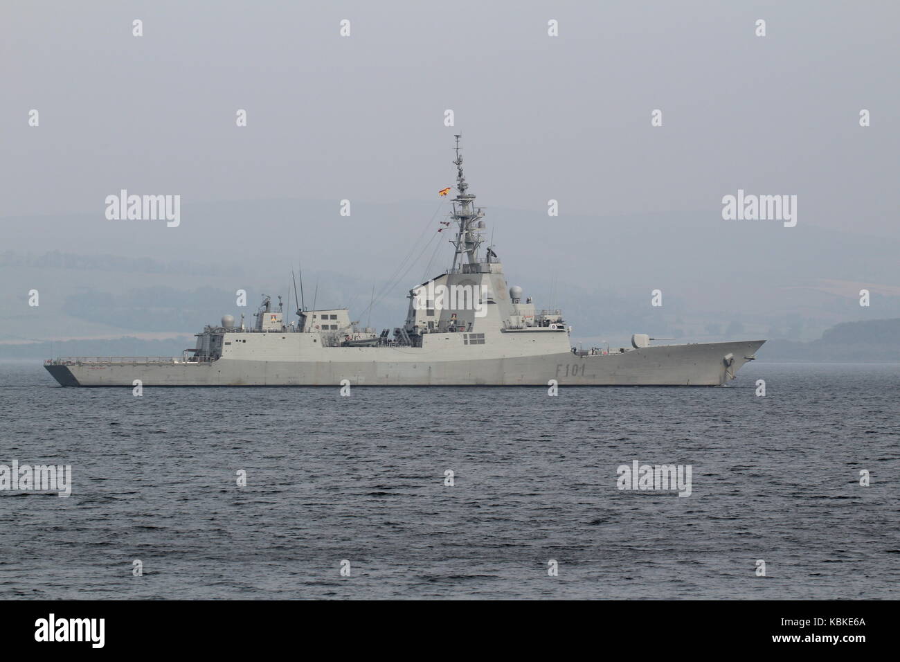 SPS Alvaro de Bazan (F101), an Alvaro de Bazan-class (or F100-class) frigate operated by the Spanish Navy, arriving for Exercise Joint Warrior 17-2. Stock Photo