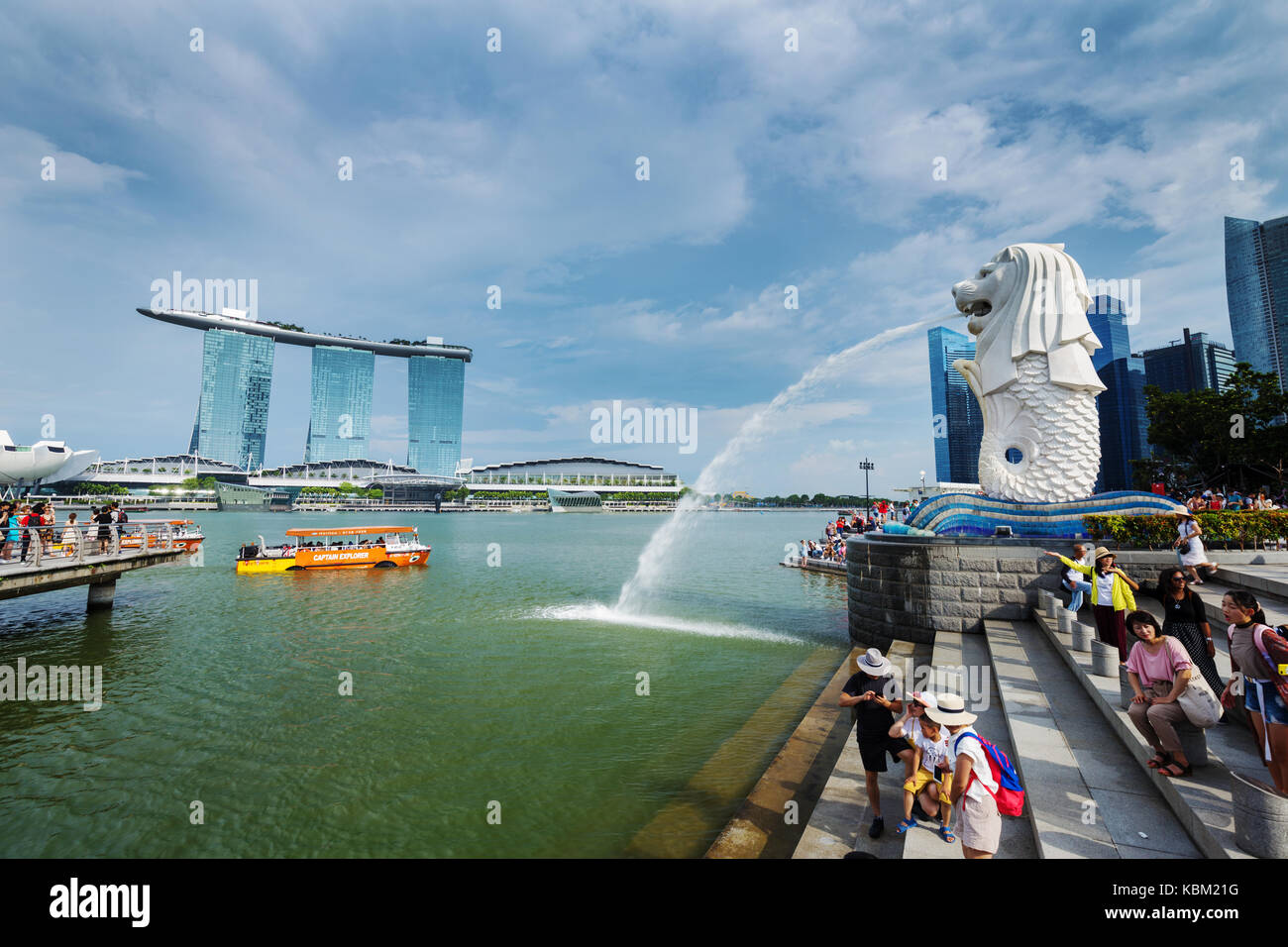 SINGAPORE - AUG 19, 2017 : The Merlion Park with tourists visited (famous landmark of Singapore) Stock Photo