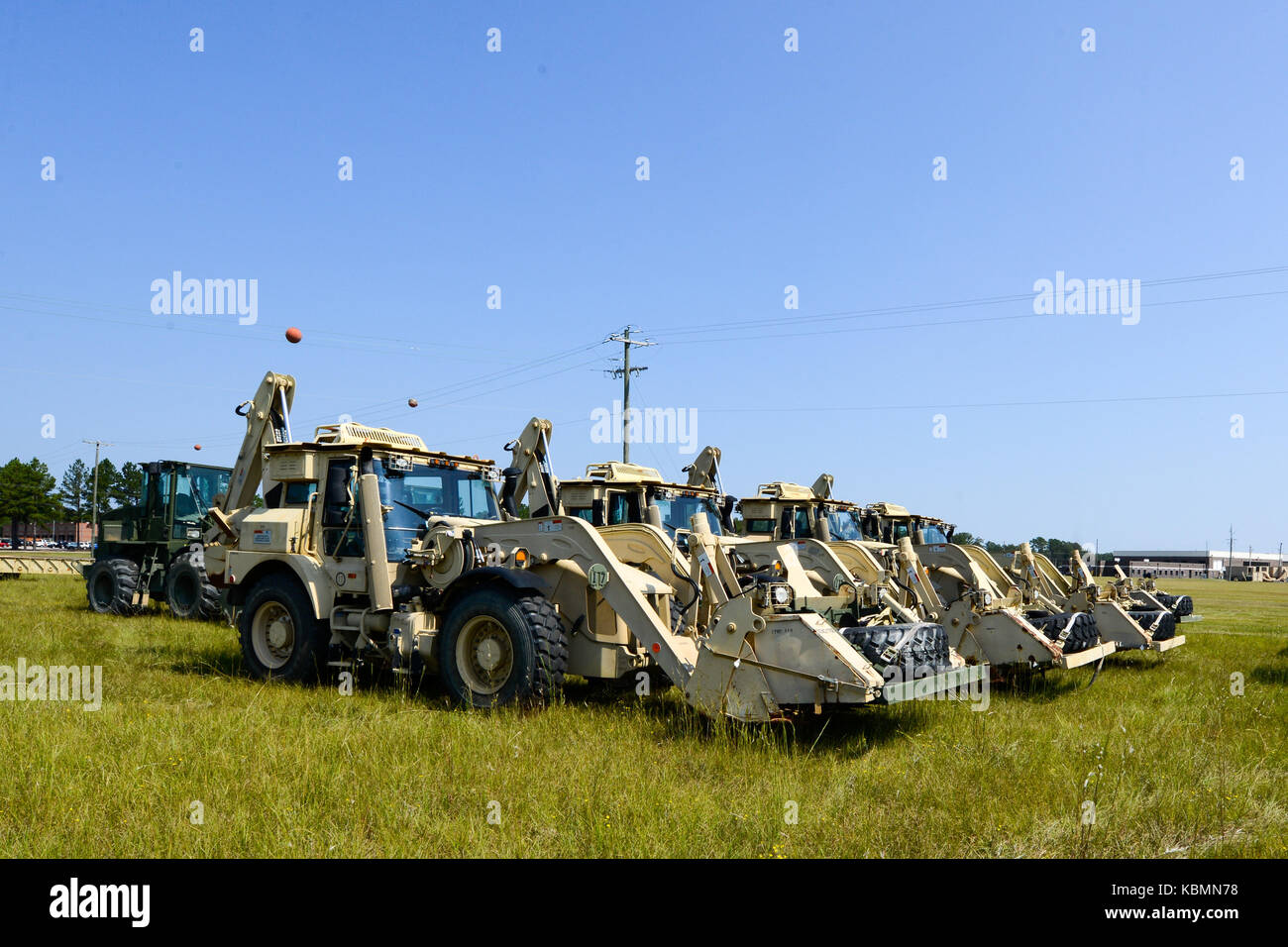 U.S. Soldiers assigned to the 178th Engineer Battalion, South Carolina Army National Guard, stage heavy equipment for transport to Puerto Rico Stock Photo