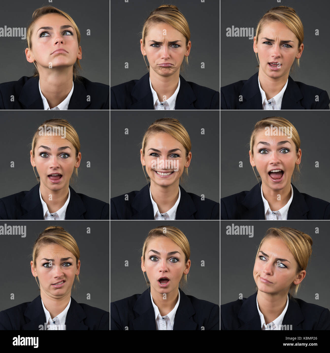 Collage of businesswoman with different expressions over gray background Stock Photo