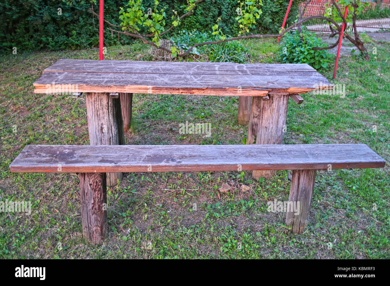 Wooden Table And Benches In Yard Place For Relaxing Stock Photo
