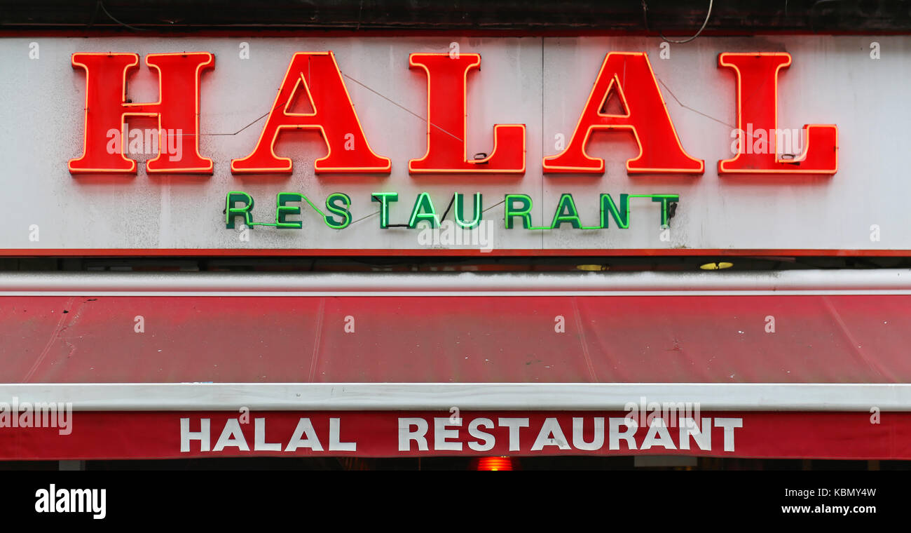 Big neon sign Halal at Middle East cuisine restaurant Stock Photo
