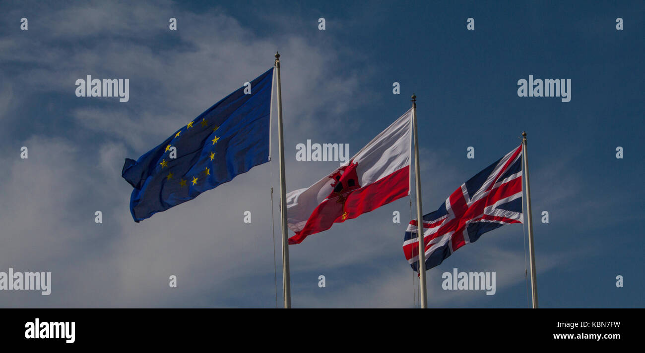 Flags of the EU, Gibraltar and the UK Stock Photo