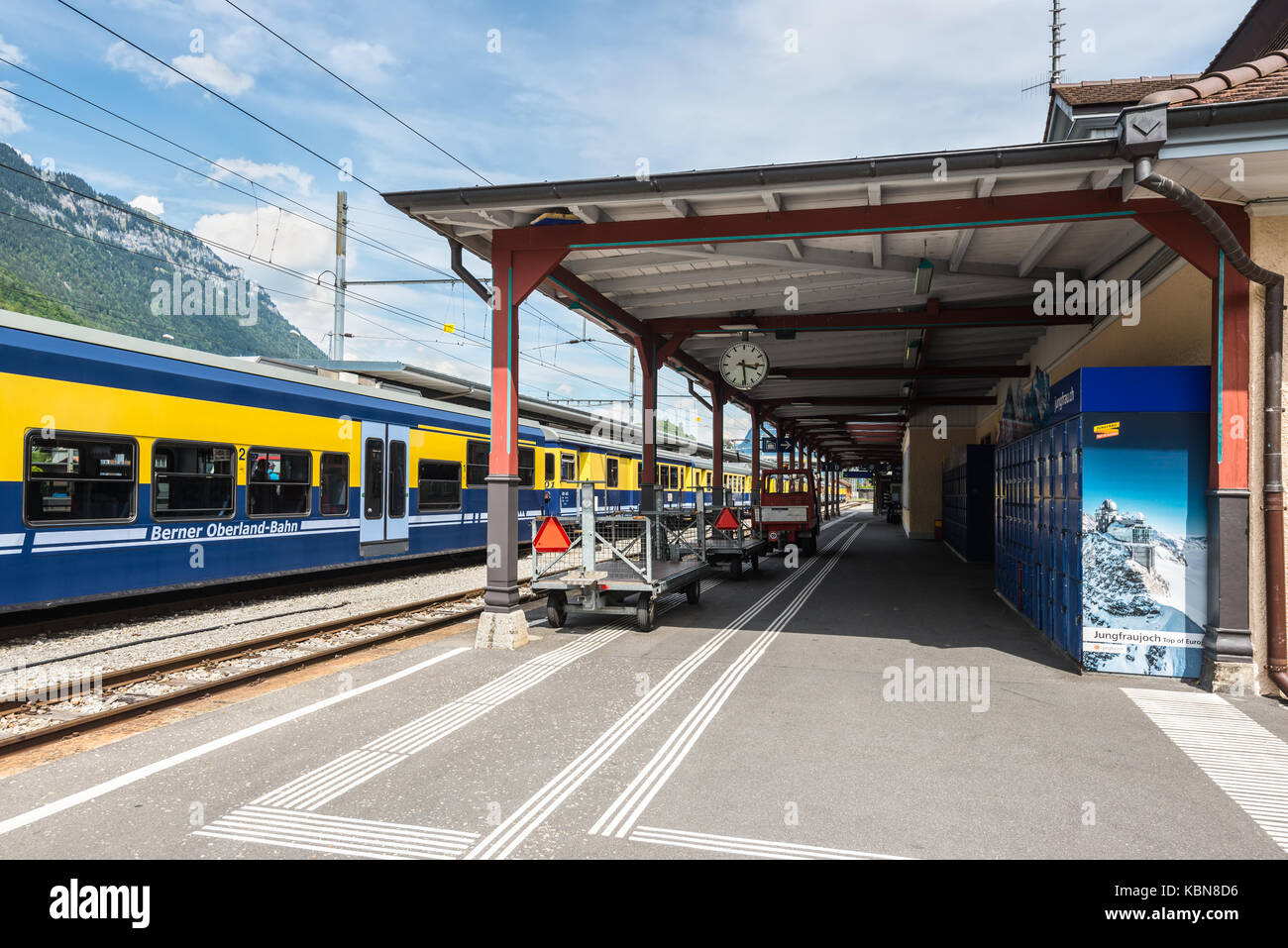 Interlaken, Switzerland - May 26, 2016: Platform at the Interlaken Ost railway station in Interlaken, Switzerland. The station was previously known as Stock Photo