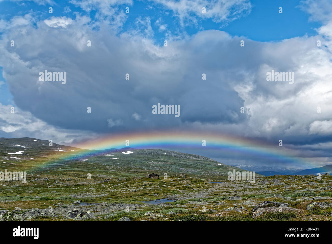 Rainbow near Vaisaluokta, Padjelanta NP Stock Photo