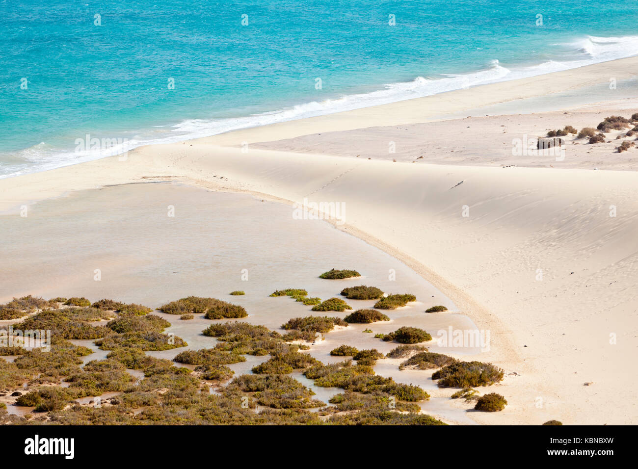 Beach and and the famous sand dune at Playas De Sotavento near Risco El Paso. Stock Photo