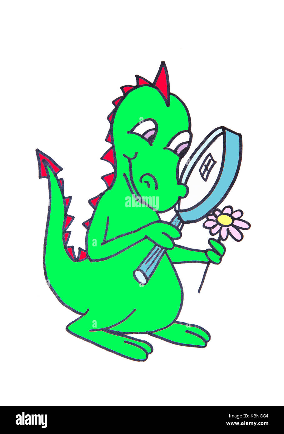 Baby dragon looking a flower through a magnifying glass. Illustration. Stock Photo