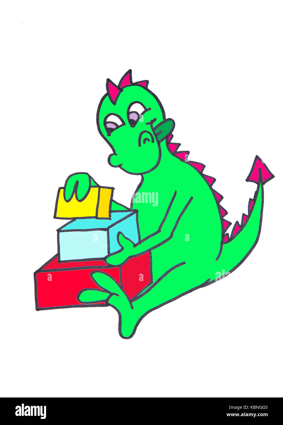 Baby dragon playing with cubes. Illustration. Stock Photo