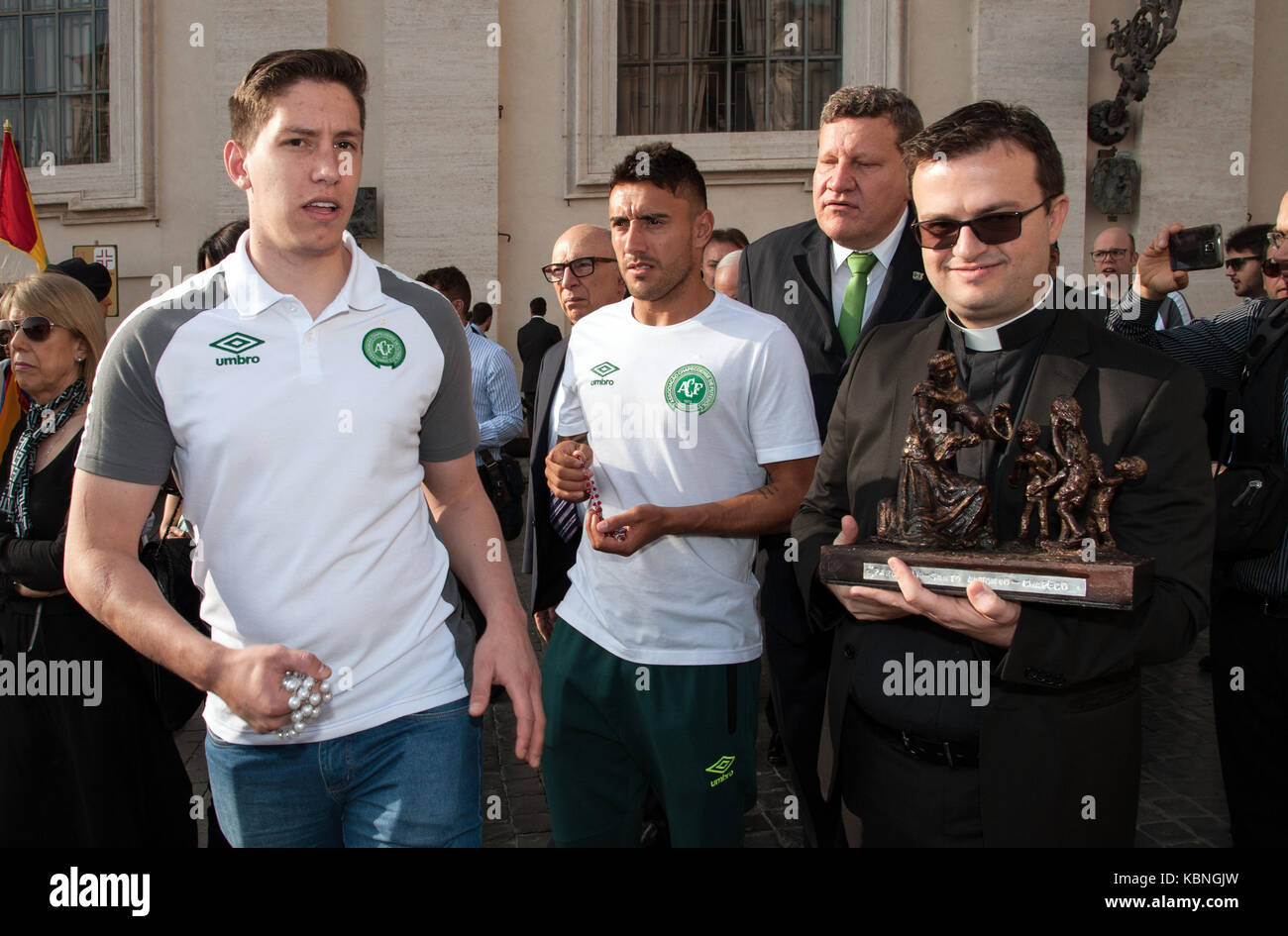 Members of the AFC Chapecoense football team attend the weekly general audience at St Peter's Square in the Vatican  Featuring: Jackson Follmann, Alan Ruschel Where: Rome, Italy When: 30 Aug 2017 Credit: IPA/WENN.com  **Only available for publication in UK, USA, Germany, Austria, Switzerland** Stock Photo
