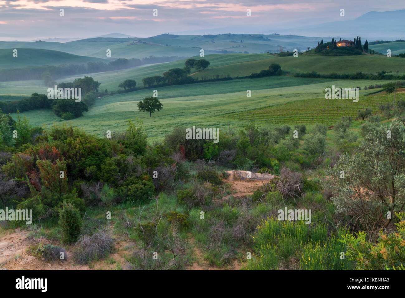 A spring sunrise at the Podere Belvedere, San Quirico d'Orcia, Val d'Orcia, Tuscany, Italy. Stock Photo